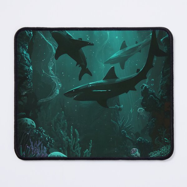 Item preview, Chasm of Predators: Seamless Pattern of Large Sharks and Ethereal Jellyfish in Submerged Gothic Ruins designed and sold by MoonlitDoodles1.