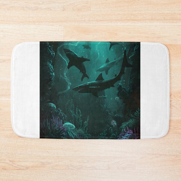 Item preview, Chasm of Predators: Seamless Pattern of Large Sharks and Ethereal Jellyfish in Submerged Gothic Ruins designed and sold by MoonlitDoodles1.