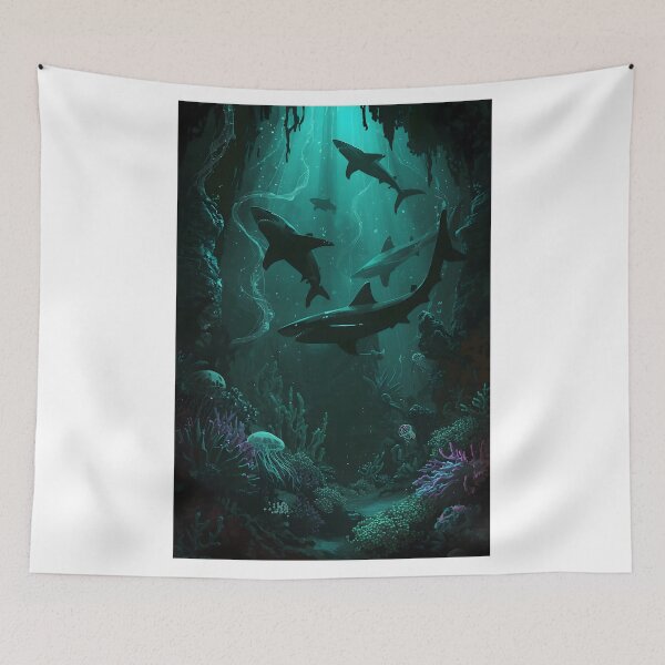 Item preview, Chasm of Predators: Seamless Pattern of Large Sharks and Ethereal Jellyfish in Submerged Gothic Ruins designed and sold by MoonlitDoodles1.