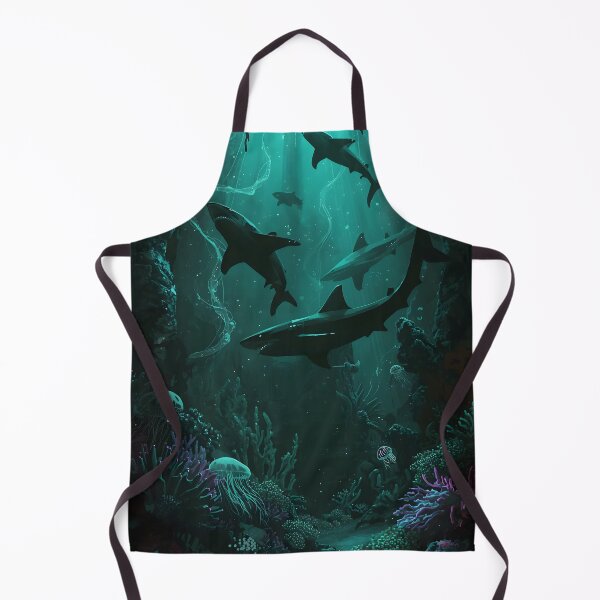 Item preview, Chasm of Predators: Seamless Pattern of Large Sharks and Ethereal Jellyfish in Submerged Gothic Ruins designed and sold by MoonlitDoodles1.