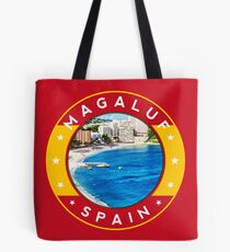 Magaluf Spain, tshirt, red bg Tote Bag