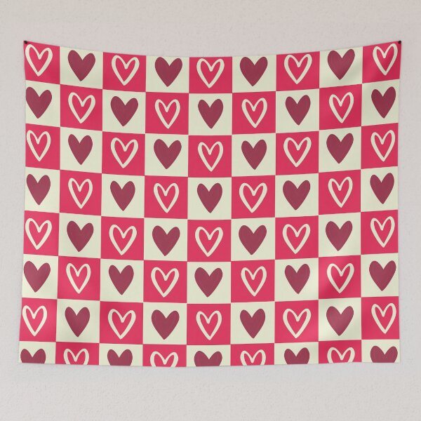 Item preview, Pink, Dak Red, and Cream Checkered Squares with Hearts designed and sold by xxroseate.
