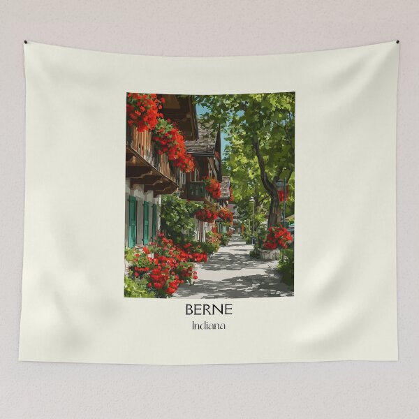 Item preview, Berne Indiana Swiss Village | Flower-Lined Street Poster designed and sold by TuncGK.
