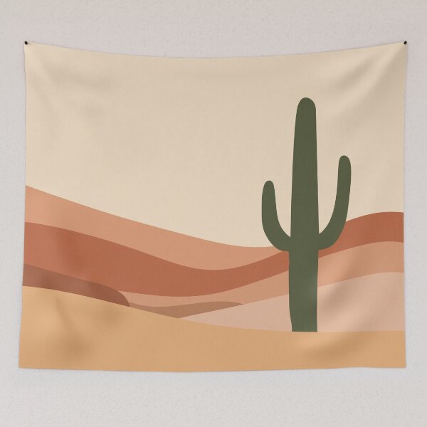 Item preview, Stylized Desert Landscape vector illustration Green Cactus with Layered Orange and Red Hills Sand Dunes Under Pale Sky designed and sold by AtonuHaque.