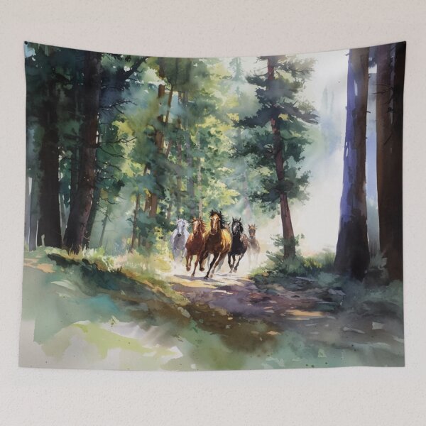 Item preview, A group of wild mustangs galloping through a sun-dappled forest Horses in Motion designed and sold by CDC40.