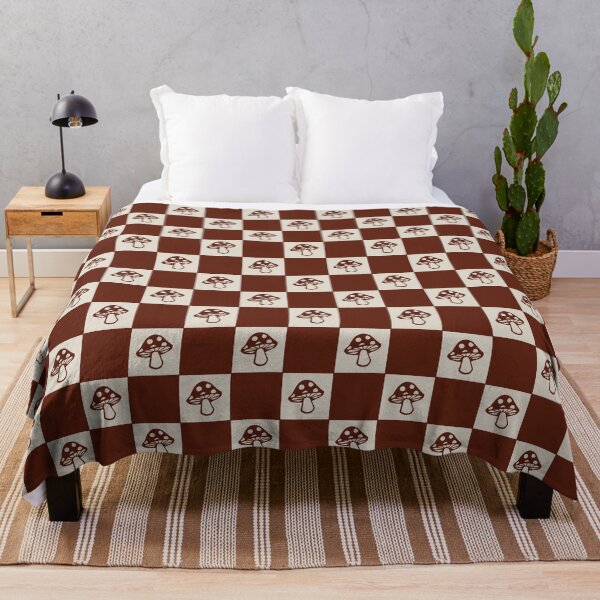 Item preview, Burgundy Brown and Cream Checkered Squares with Mushrooms designed and sold by xxroseate.