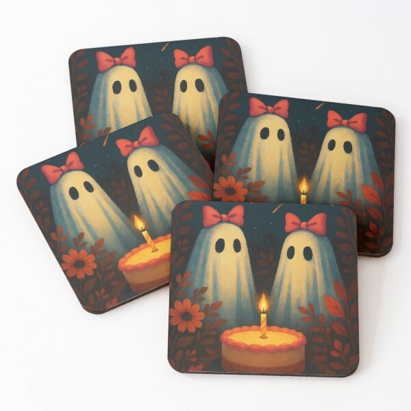 Item preview, Two Pink Bow Ghosts with a Birthday Cake – Cute Celebration Illustration designed and sold by EmeraldeaArt.