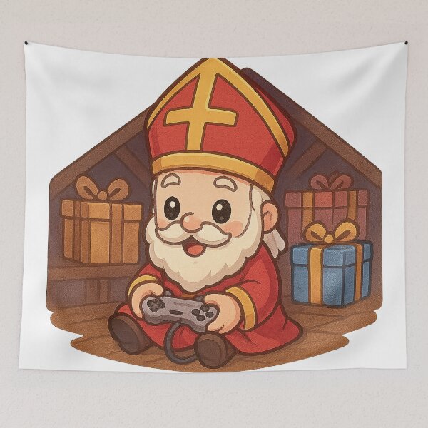Item preview, Kawaii Gamer Sinterklaas – Schattige Sint op zolder met cadeautjes en controller designed and sold by snoezelstudio.