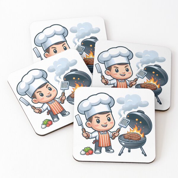 Item preview, Cute Cartoon Chef Grilling Steak at BBQ Grill. designed and sold by The-T-In-Retro.