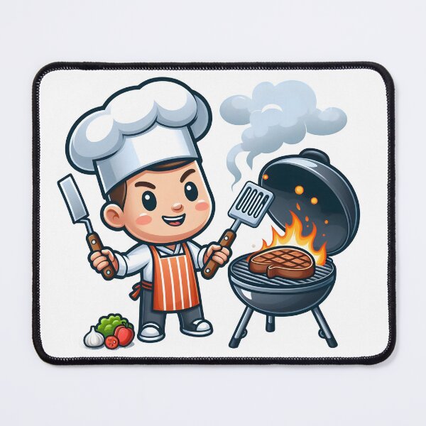 Item preview, Cute Cartoon Chef Grilling Steak at BBQ Grill. designed and sold by The-T-In-Retro.