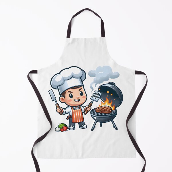 Item preview, Cute Cartoon Chef Grilling Steak at BBQ Grill. designed and sold by The-T-In-Retro.