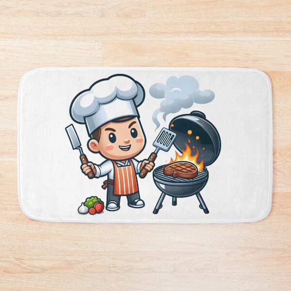 Item preview, Cute Cartoon Chef Grilling Steak at BBQ Grill. designed and sold by The-T-In-Retro.
