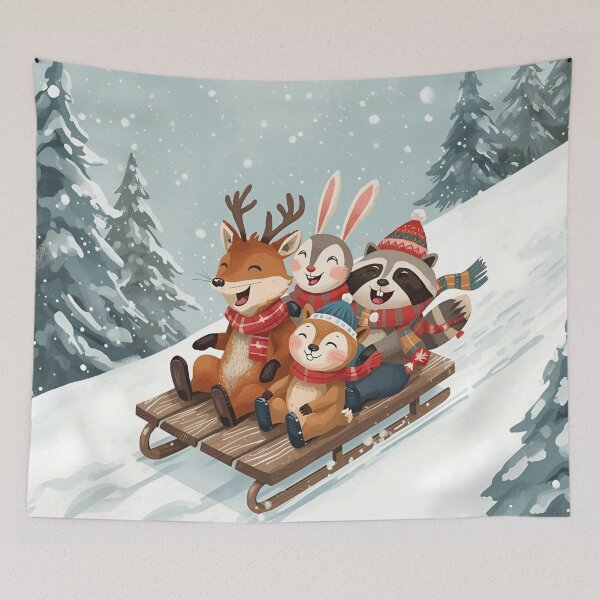 Item preview, Woodland Animals Sledding Down a Snowy Hill designed and sold by WildlifeWhimsy.