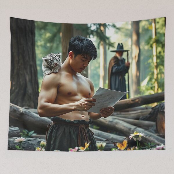 Item preview, The Summoning - Man Reading a Scroll with a Tiger Cub designed and sold by bksckhul.