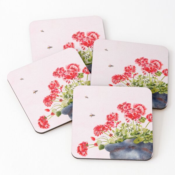 Item preview, Red Geranium and Bees – Watercolour Still Life on Pink designed and sold by Kathsart.