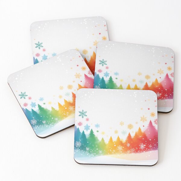 Item preview, Rainbow colors winter pine trees landscape watercolor painting abstract style,  snowflakes falling, bright vivid colors winter holiday season decor  designed and sold by navitalidesign.