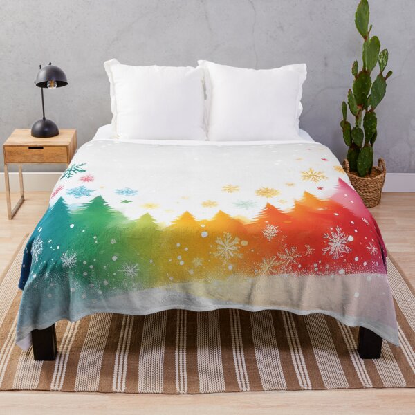 Item preview, Rainbow colors winter pine trees landscape watercolor painting abstract style,  snowflakes falling, bright vivid colors winter holiday season decor  designed and sold by navitalidesign.