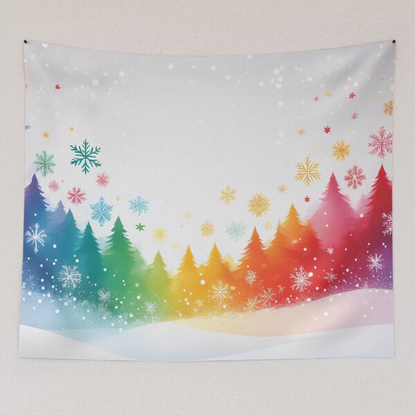 Item preview, Rainbow colors winter pine trees landscape watercolor painting abstract style,  snowflakes falling, bright vivid colors winter holiday season decor  designed and sold by navitalidesign.