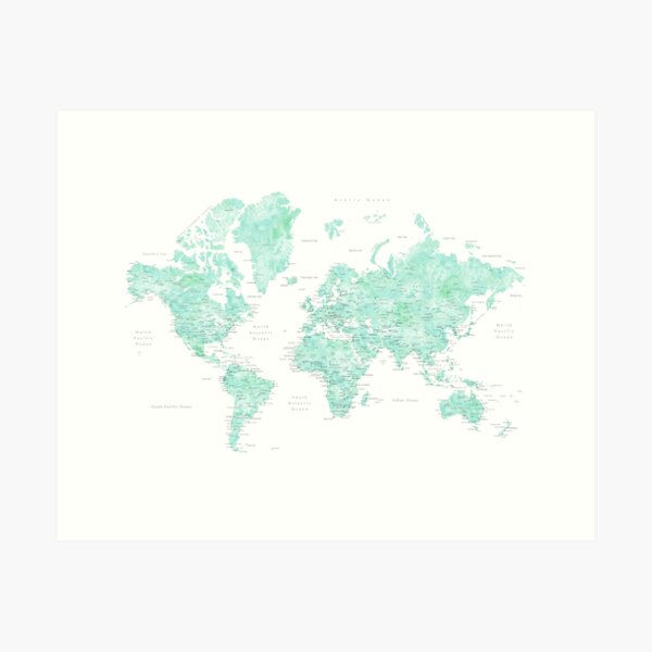 Vista previa del artículo con la obra «Mapa mundial de acuarela de menta "Desie"», diseñado y vendido por blursbyai.