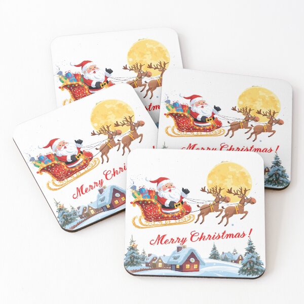 Item preview, Wooden house in snowy forest. Santa Claus carries gifts in a sleigh pulled by Deers. Christmas illustration. designed and sold by PWDigitalArt.