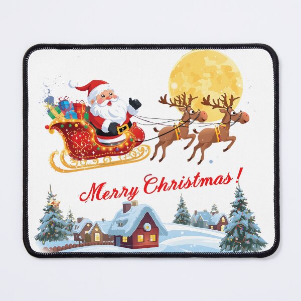 Item preview, Wooden house in snowy forest. Santa Claus carries gifts in a sleigh pulled by Deers. Christmas illustration. designed and sold by PWDigitalArt.