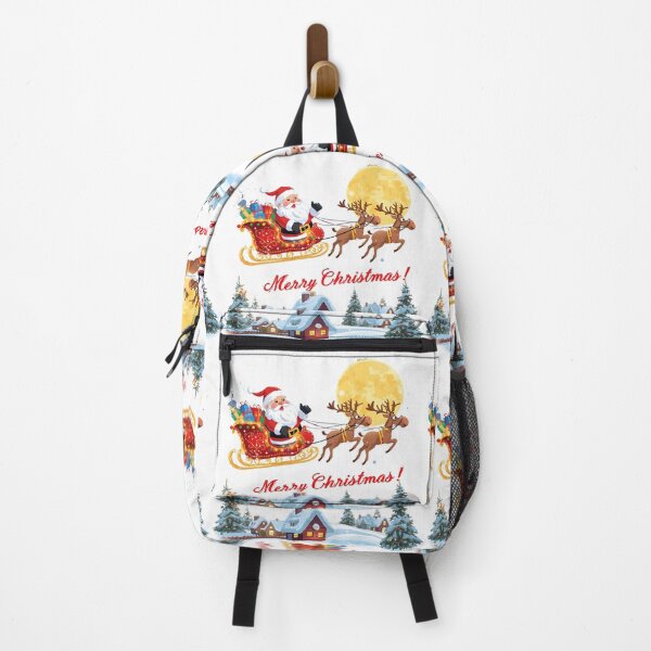 Item preview, Wooden house in snowy forest. Santa Claus carries gifts in a sleigh pulled by Deers. Christmas illustration. designed and sold by PWDigitalArt.