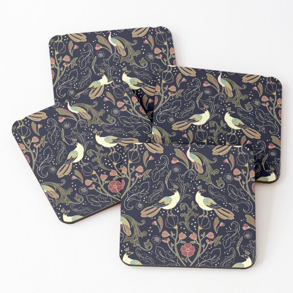 Item preview, Art Deco inspired birds and flowers - colorful birds on deep navy designed and sold by ahahdodo.
