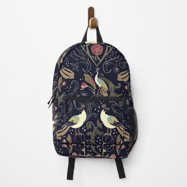 Item preview, Art Deco inspired birds and flowers - colorful birds on deep navy designed and sold by ahahdodo.
