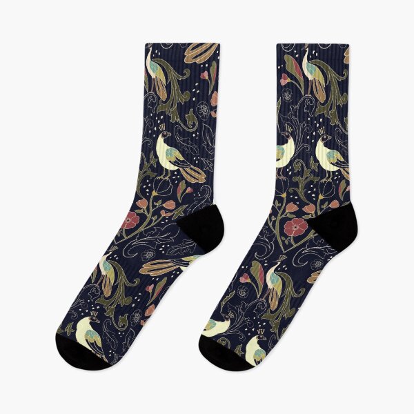 Item preview, Art Deco inspired birds and flowers - colorful birds on deep navy designed and sold by ahahdodo.