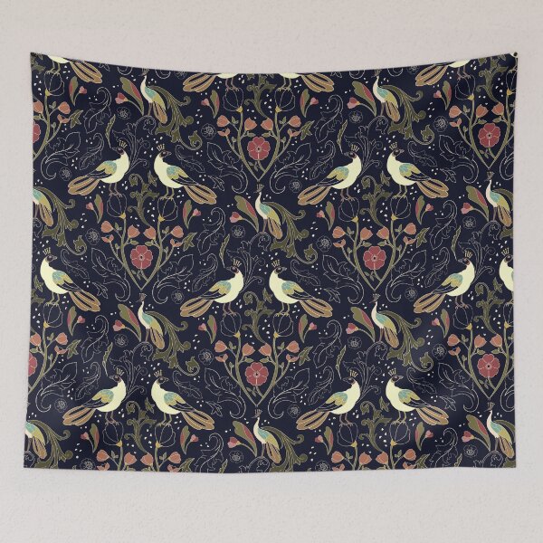 Item preview, Art Deco inspired birds and flowers - colorful birds on deep navy designed and sold by ahahdodo.