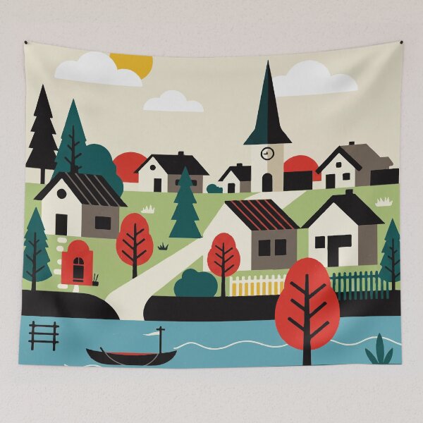 Item preview, Village on the bank of a river designed and sold by Design4uStudio.