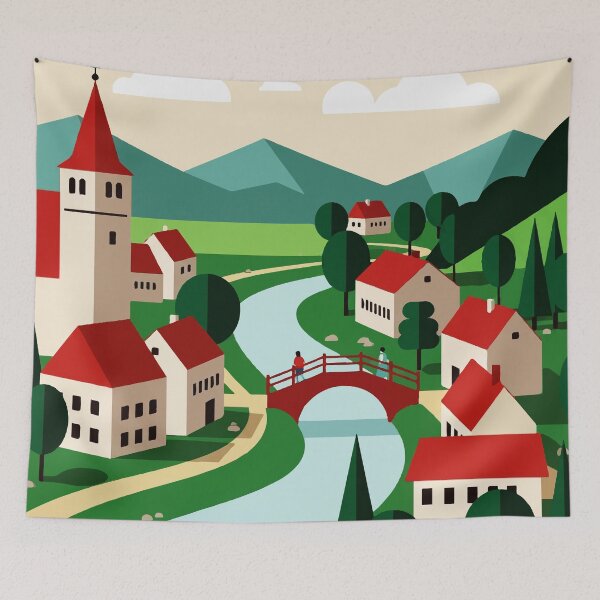 Item preview, Village on the bank of a river designed and sold by Design4uStudio.