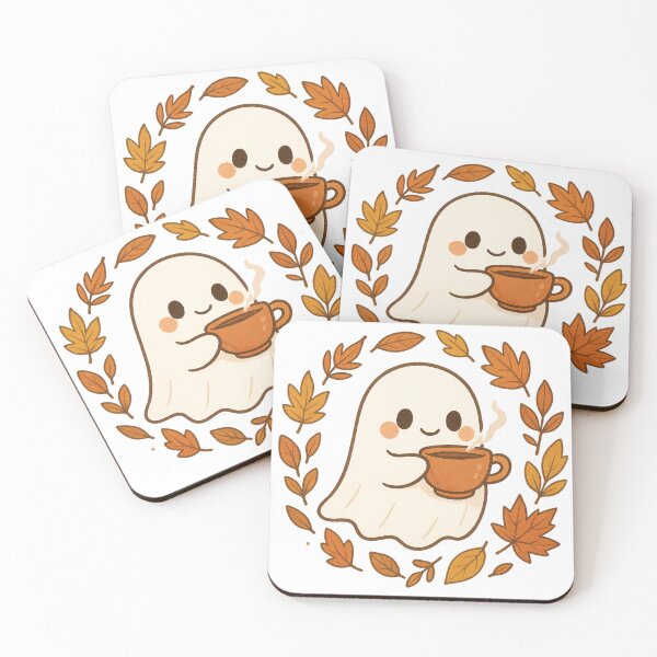 Item preview, Cozy Cute Ghost with Autumn Leaves and Tea designed and sold by EnigmaWitch.