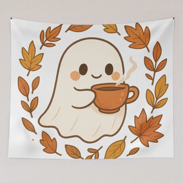 Item preview, Cozy Cute Ghost with Autumn Leaves and Tea designed and sold by EnigmaWitch.