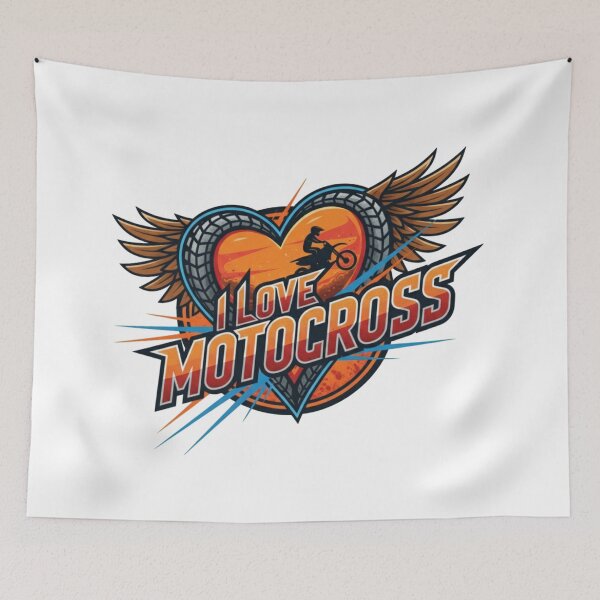 Aperçu de l'œuvre J'aime le motocross, emblème extrême en forme de cœur ailé, conception graphique créée et vendue par DibuHumor.