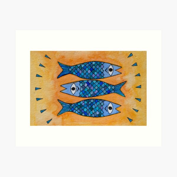 Blue Fish Art Pouch W/ 3 Abstract Sardines Against a Yellow