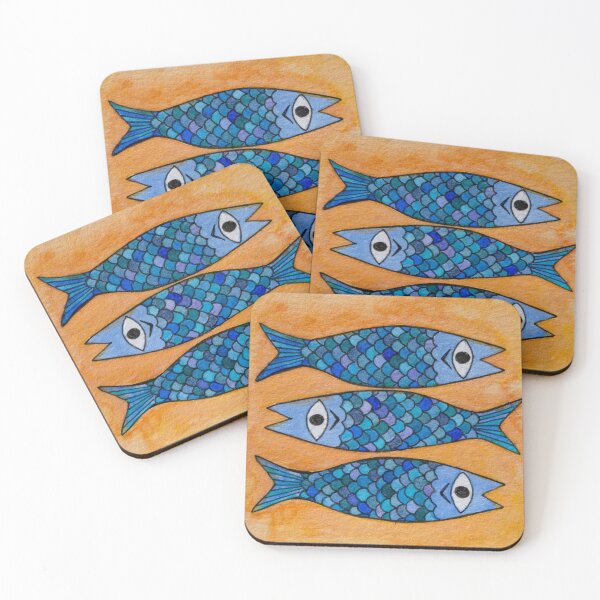 Item preview, Three blue sardines watercolor painting designed and sold by RedFinchDesigns.