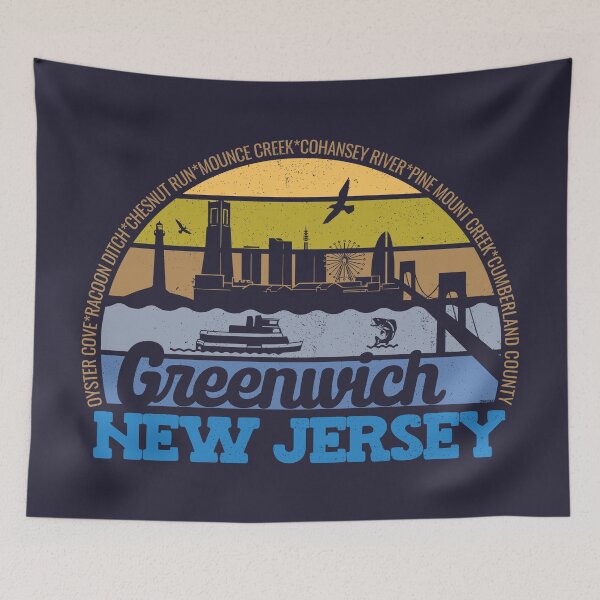 Artikelvorschau, Greenwich New Jersey Sonnenuntergang Retro Vintage Local Pride Logo entworfen und verkauft von CRHPOD20.