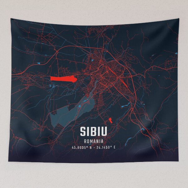 Item preview, Sibiu Red & Blue Minimalist Map designed and sold by HomeLivingCo.