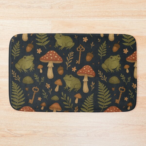 Item preview, Goblincore woodland frogs and toadstools, cottagecore fern acorn key, midnight forest botanical designed and sold by CharmedVille.