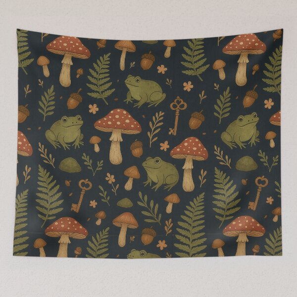Item preview, Goblincore woodland frogs and toadstools, cottagecore fern acorn key, midnight forest botanical designed and sold by CharmedVille.
