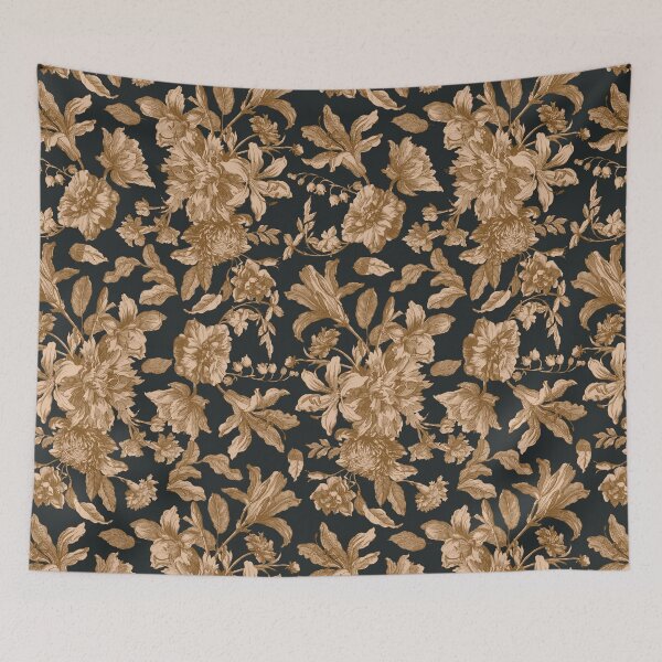 Item preview, Gothic vintage chintz floral toile with peonies and lilies on dark background designed and sold by UtArt.