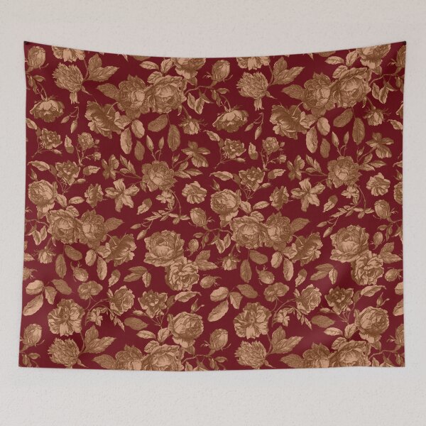 Item preview, Gothic vintage chintz floral toile with roses bouquets on dark burgundy background designed and sold by UtArt.