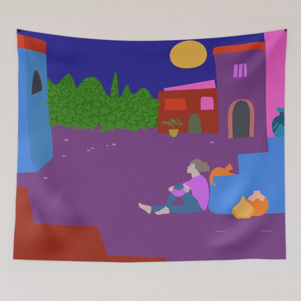Item preview, Village Girl and Cat Enjoying a Summer Night designed and sold by Anna Lemos.