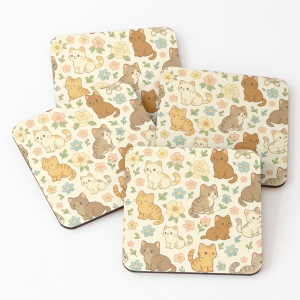Item preview, Kawaii Anime Cats and Pastel Flowers, whimsical Chibi kitten art, Cute Cottagecore Floral Pattern designed and sold by CharmedVille.