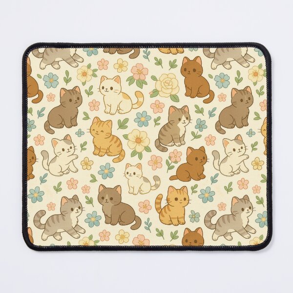 Item preview, Kawaii Anime Cats and Pastel Flowers, whimsical Chibi kitten art, Cute Cottagecore Floral Pattern designed and sold by CharmedVille.