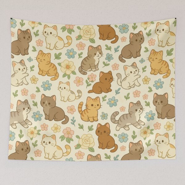 Item preview, Kawaii Anime Cats and Pastel Flowers, whimsical Chibi kitten art, Cute Cottagecore Floral Pattern designed and sold by CharmedVille.