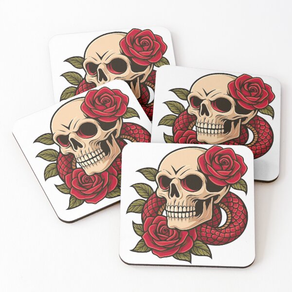 Item preview, Skull with Red Roses and Coiled Snake Tattoo Style designed and sold by ArtfulWeave.