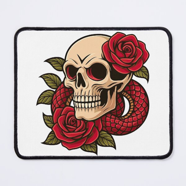Item preview, Skull with Red Roses and Coiled Snake Tattoo Style designed and sold by ArtfulWeave.