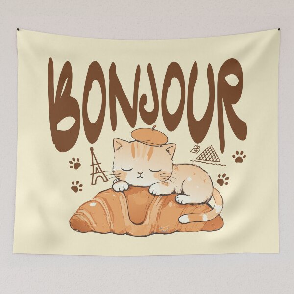 Aperçu de l'œuvre Bonjour - French Cat France Lover Francophile créée et vendue par Colorfulman.